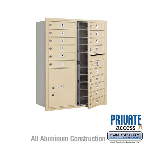 Salsbury 11 Door High Recessed Mounted 4C Horizontal Mailbox with 15 Doors and 1 Parcel Locker in Sandstone with Private Access - Front Loading - Sweatfully
