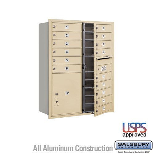 Salsbury 11 Door High Recessed Mounted 4C Horizontal Mailbox with 15 Doors and 1 Parcel Locker in Sandstone with USPS Access - Front Loading - Sweatfully
