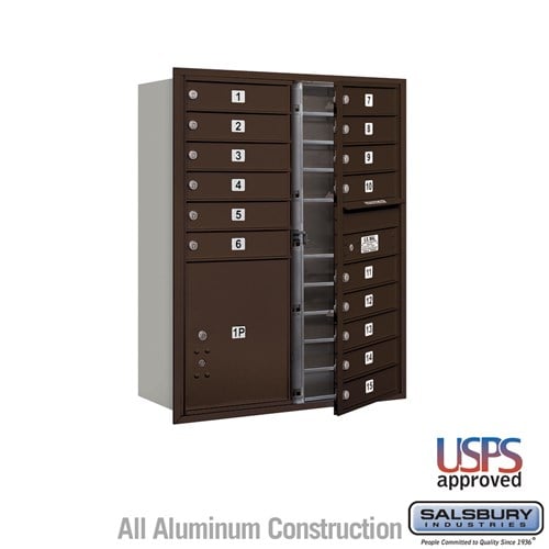 Salsbury 11 Door High Recessed Mounted 4C Horizontal Mailbox with 15 Doors and 1 Parcel Locker in Bronze with USPS Access - Front Loading - Sweatfully