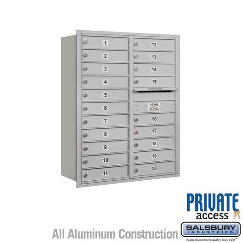 Salsbury 11 Door High Recessed Mounted 4C Horizontal Mailbox with 20 Doors in Aluminum with Private Access - Rear Loading - Sweatfully