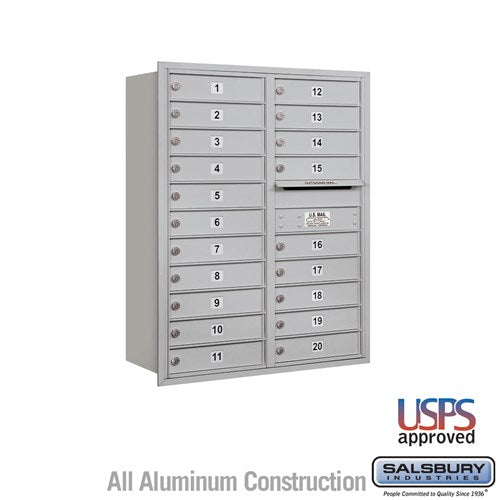 Salsbury 11 Door High Recessed Mounted 4C Horizontal Mailbox with 20 Doors in Aluminum with USPS Access - Rear Loading - Sweatfully