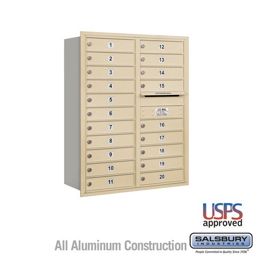 Salsbury 11 Door High Recessed Mounted 4C Horizontal Mailbox with 20 Doors in Sandstone with USPS Access - Rear Loading - Sweatfully