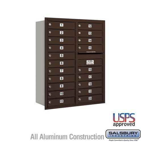 Salsbury 11 Door High Recessed Mounted 4C Horizontal Mailbox with 20 Doors in Bronze with USPS Access - Rear Loading - Sweatfully