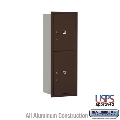 Salsbury 11 Door High Recessed Mounted 4C Horizontal Parcel Locker with 2 Parcel Lockers in Bronze with USPS Access - Rear Loading - Sweatfully