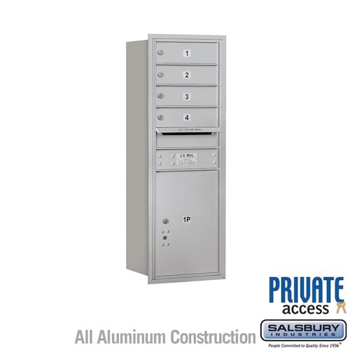 Salsbury 11 Door High Recessed Mounted 4C Horizontal Mailbox with 4 Doors and 1 Parcel Locker in Aluminum with Private Access - Rear Loading - Sweatfully