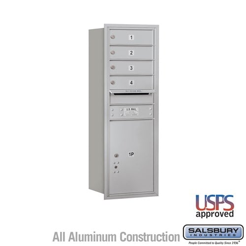 Salsbury 11 Door High Recessed Mounted 4C Horizontal Mailbox with 4 Doors and 1 Parcel Locker in Aluminum with USPS Access - Rear Loading - Sweatfully
