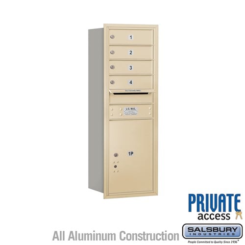 Salsbury 11 Door High Recessed Mounted 4C Horizontal Mailbox with 4 Doors and 1 Parcel Locker in Sandstone with Private Access - Rear Loading - Sweatfully