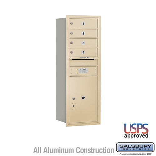 Salsbury 11 Door High Recessed Mounted 4C Horizontal Mailbox with 4 Doors and 1 Parcel Locker in Sandstone with USPS Access - Rear Loading - Sweatfully