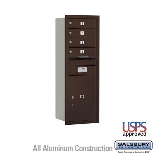 Salsbury 11 Door High Recessed Mounted 4C Horizontal Mailbox with 4 Doors and 1 Parcel Locker in Bronze with USPS Access - Rear Loading - Sweatfully