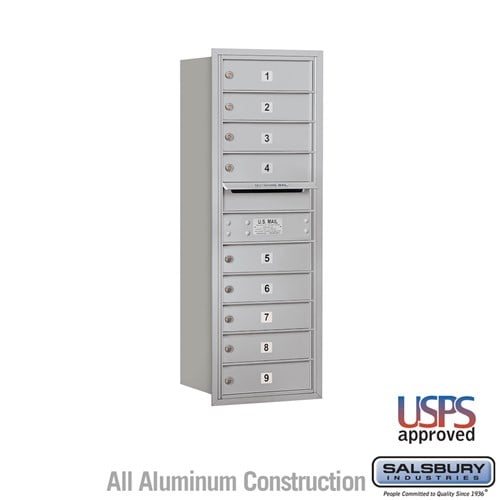 Salsbury 11 Door High Recessed Mounted 4C Horizontal Mailbox with 9 Doors in Aluminum with USPS Access - Rear Loading - Sweatfully