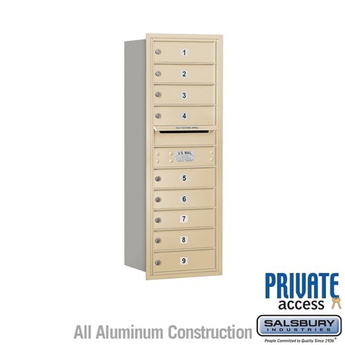 Salsbury 11 Door High Recessed Mounted 4C Horizontal Mailbox with 9 Doors in Sandstone with Private Access - Rear Loading - Sweatfully