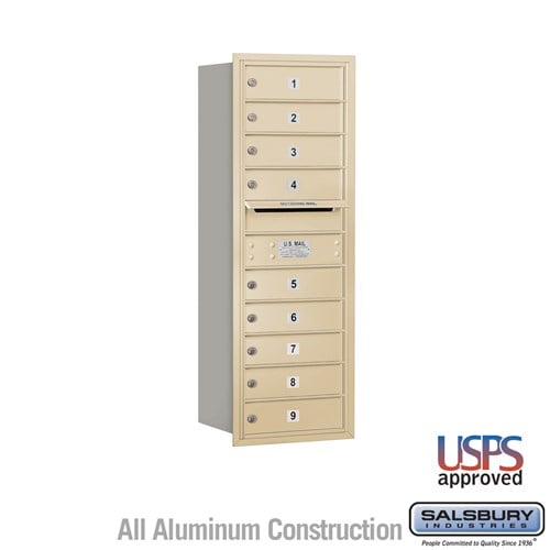 Salsbury 11 Door High Recessed Mounted 4C Horizontal Mailbox with 9 Doors in Sandstone with USPS Access - Rear Loading - Sweatfully
