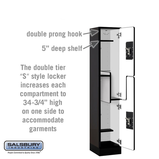 Salsbury 12" Wide Double Tier 'S' Style Designer Wood Locker - 1 Wide - 5 Feet High - 15 Inches Deep - Black - Silver Resettable Combination Locks - Sweatfully
