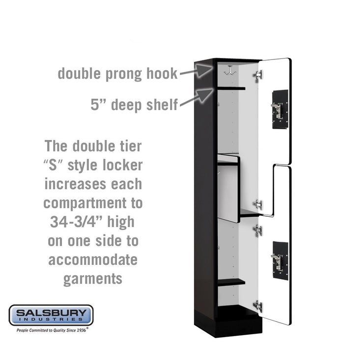 Salsbury 12" Wide Double Tier 'S' Style Designer Wood Locker - 1 Wide - 5 Feet High - 15 Inches Deep - Black - Silver Resettable Combination Locks - Sweatfully