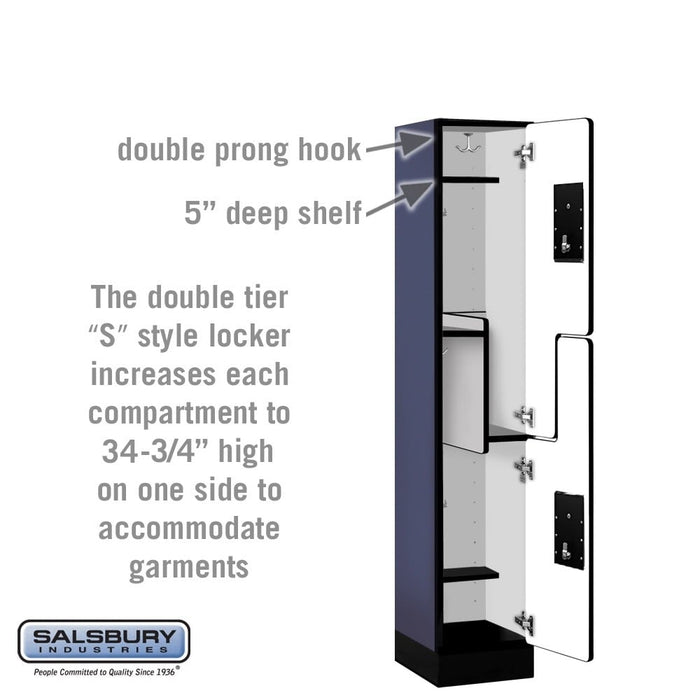 Salsbury 12" Wide Double Tier 'S' Style Designer Wood Locker - 1 Wide - 5 Feet High - 15 Inches Deep - Blue - Silver Electronic Locks - Sweatfully