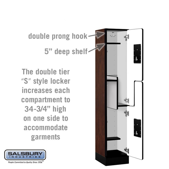Salsbury 12" Wide Double Tier 'S' Style Designer Wood Locker - 1 Wide - 5 Feet High - 15 Inches Deep - Mahogany - Silver Electronic Locks - Sweatfully