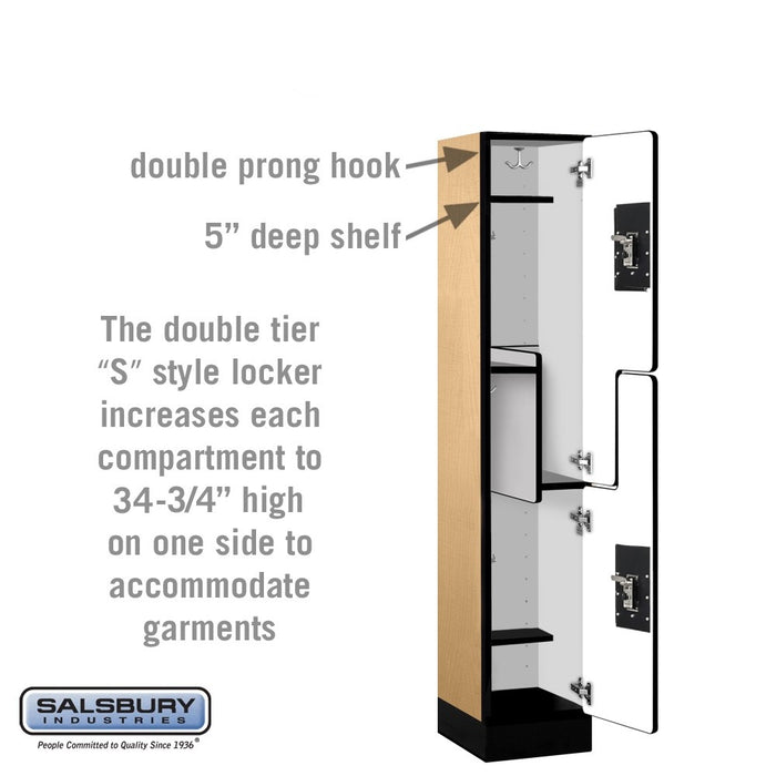 Salsbury 12" Wide Double Tier 'S' Style Designer Wood Locker - 1 Wide - 5 Feet High - 15 Inches Deep - Maple - Silver Resettable Combination Locks - Sweatfully