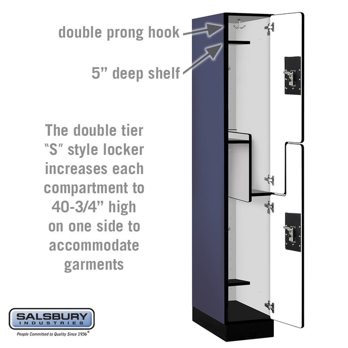 Salsbury 12" Wide Double Tier 'S' Style Designer Wood Locker - 1 Wide - 6 Feet High - 21 Inches Deep - Blue - Black Resettable Combination Locks - Sweatfully