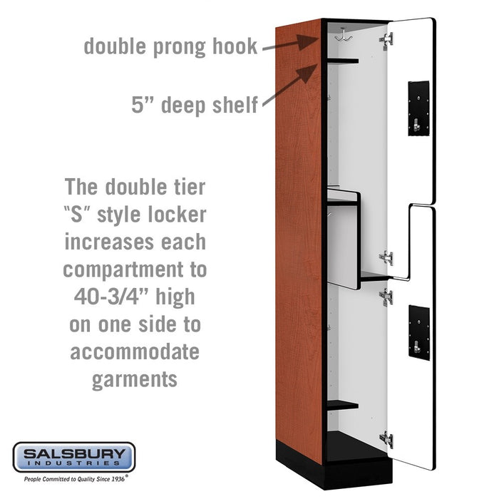 Salsbury 12" Wide Double Tier 'S' Style Designer Wood Locker - 1 Wide - 6 Feet High - 21 Inches Deep - Cherry - Black Electronic Locks - Sweatfully