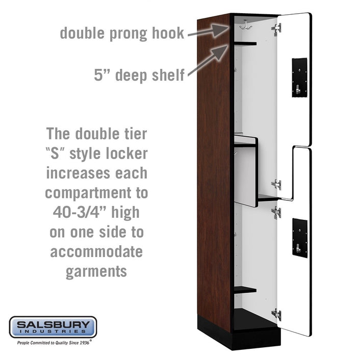 Salsbury 12" Wide Double Tier 'S' Style Designer Wood Locker - 1 Wide - 6 Feet High - 21 Inches Deep - Mahogany - Silver Electronic Locks - Sweatfully