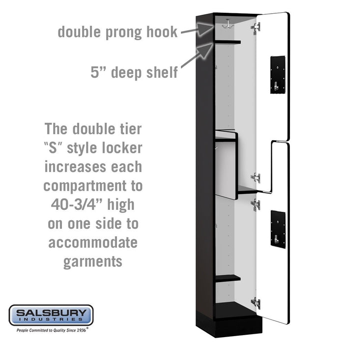 Salsbury 12" Wide Double Tier 'S' Style Designer Wood Locker - 1 Wide - 6 Feet High - 15 Inches Deep - Black - Silver Electronic Locks - Sweatfully