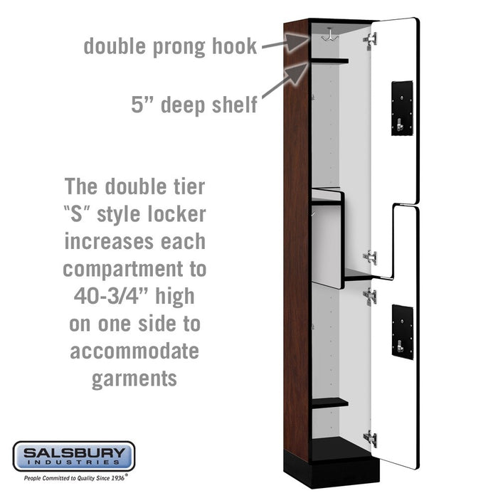 Salsbury 12" Wide Double Tier 'S' Style Designer Wood Locker - 1 Wide - 6 Feet High - 15 Inches Deep - Mahogany - Silver Electronic Locks - Sweatfully
