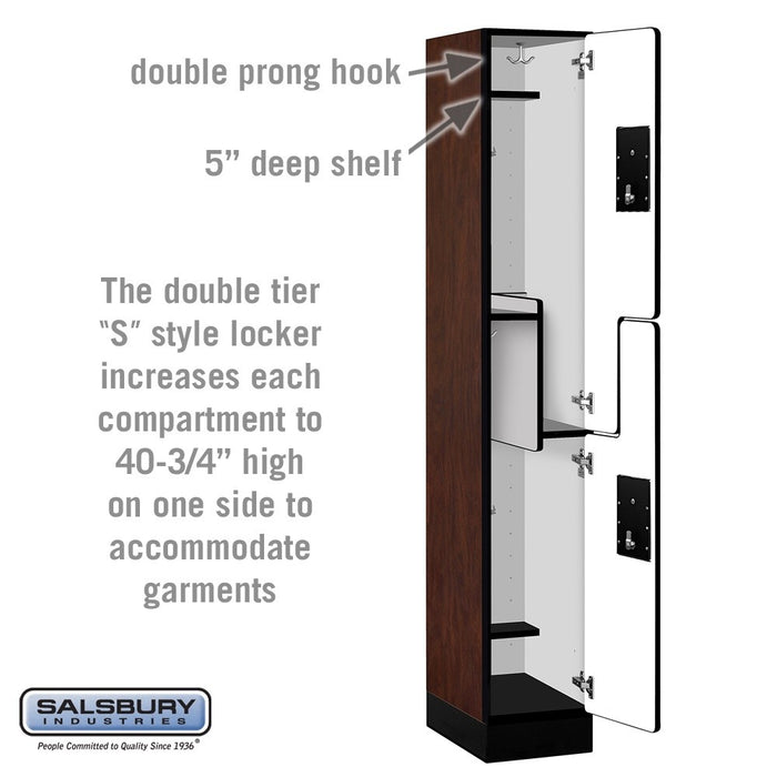 Salsbury 12" Wide Double Tier 'S' Style Designer Wood Locker - 1 Wide - 6 Feet High - 18 Inches Deep - Mahogany - Black Electronic Locks - Sweatfully