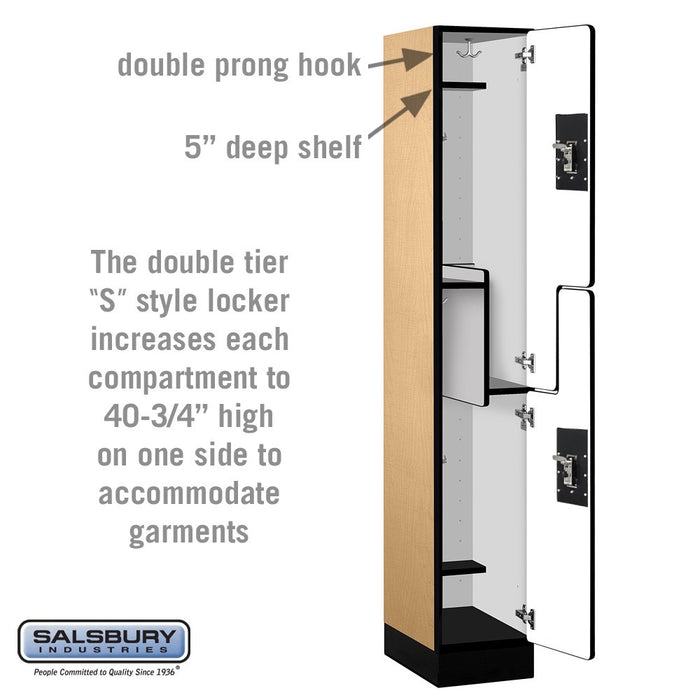 Salsbury 12" Wide Double Tier 'S' Style Designer Wood Locker - 1 Wide - 6 Feet High - 18 Inches Deep - Maple - Black Resettable Combination Locks - Sweatfully