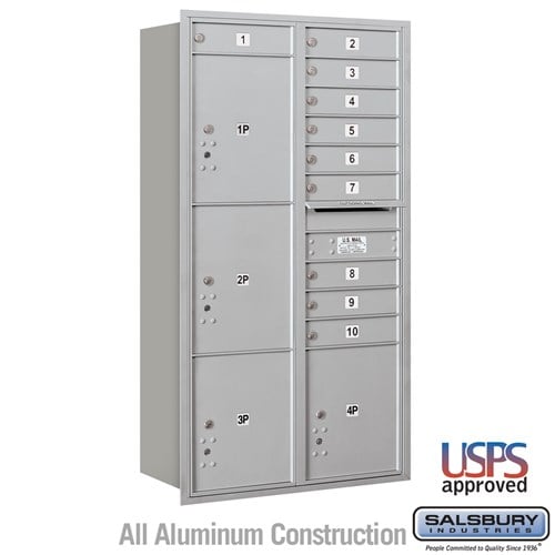 Salsbury Maximum Height Recessed Mounted 4C Horizontal Mailbox with 10 Doors and 4 Parcel Lockers in Aluminum with USPS Access - Rear Loading - Sweatfully