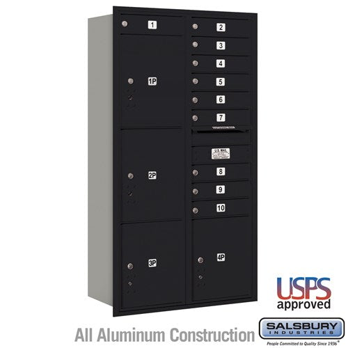 Salsbury Maximum Height Recessed Mounted 4C Horizontal Mailbox with 10 Doors and 4 Parcel Lockers in Black with USPS Access - Rear Loading - Sweatfully