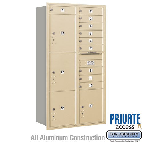 Salsbury Maximum Height Recessed Mounted 4C Horizontal Mailbox with 10 Doors and 4 Parcel Lockers in Sandstone with Private Access - Rear Loading - Sweatfully
