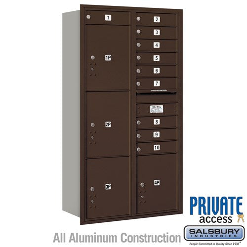 Salsbury Maximum Height Recessed Mounted 4C Horizontal Mailbox with 10 Doors and 4 Parcel Lockers in Bronze with Private Access - Rear Loading - Sweatfully