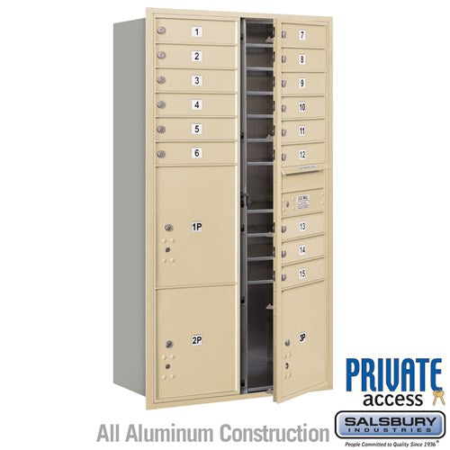Salsbury Maximum Height Recessed Mounted 4C Horizontal Mailbox with 15 Doors and 3 Parcel Lockers in Sandstone with Private Access - Front Loading - Sweatfully