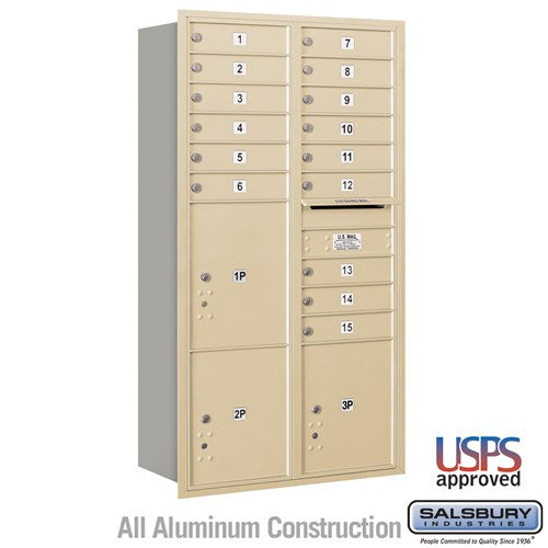Salsbury Maximum Height Recessed Mounted 4C Horizontal Mailbox with 15 Doors and 3 Parcel Lockers in Sandstone with USPS Access - Rear Loading - Sweatfully
