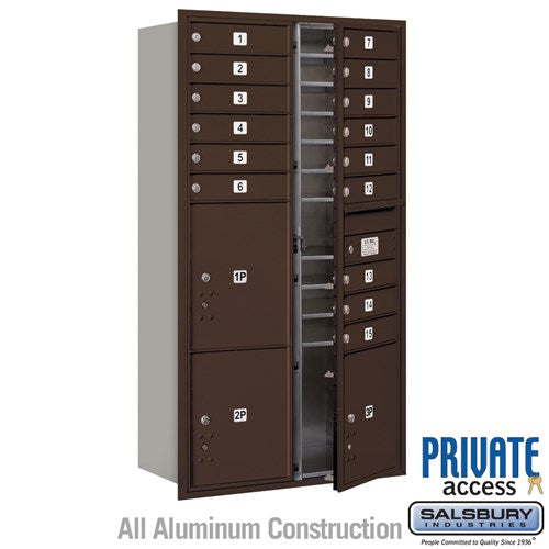 Salsbury Maximum Height Recessed Mounted 4C Horizontal Mailbox with 15 Doors and 3 Parcel Lockers in Bronze with Private Access - Front Loading - Sweatfully