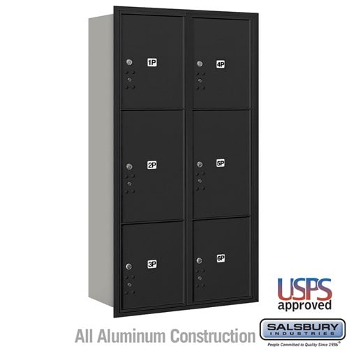 Maximum Height Recessed Mounted 4C Horizontal Parcel Locker with 6 Parcel Lockers in Black with USPS Access - Rear Loading - Sweatfully