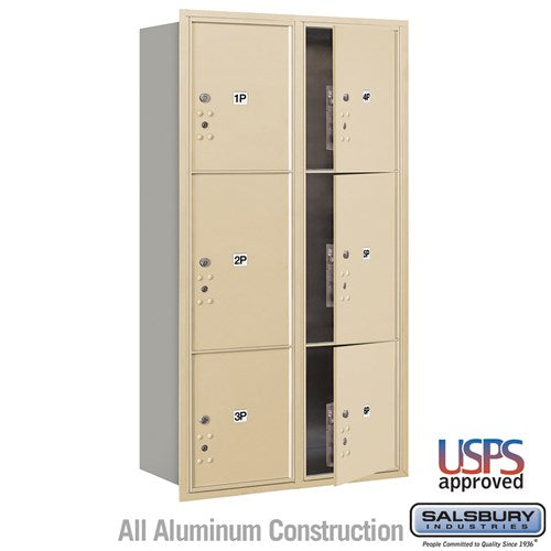 Maximum Height Recessed Mounted 4C Horizontal Parcel Locker with 6 Parcel Lockers in Sandstone with USPS Access - Front Loading - Sweatfully
