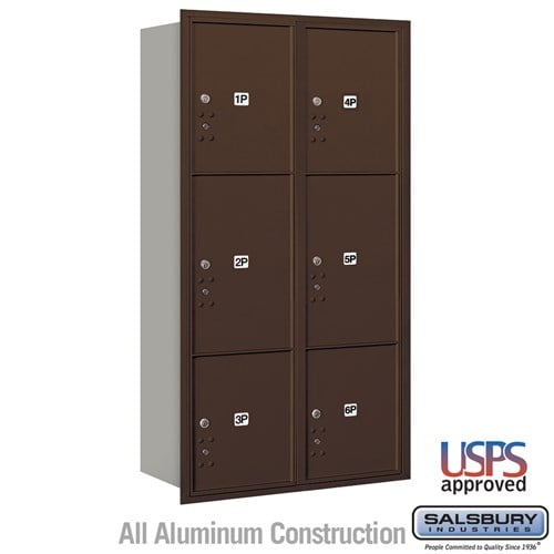 Maximum Height Recessed Mounted 4C Horizontal Parcel Locker with 6 Parcel Lockers in Bronze with USPS Access - Rear Loading - Sweatfully