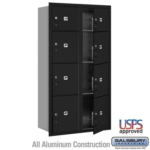 Salsbury Maximum Height Recessed Mounted 4C Horizontal Parcel Locker with 8 Parcel Lockers in Black with USPS Access - Front Loading - Sweatfully
