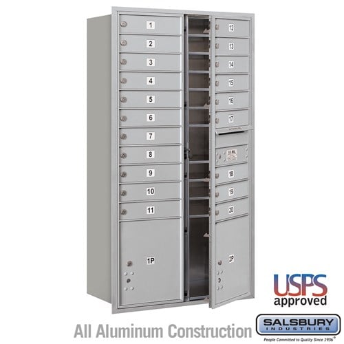 Salsbury Maximum Height Recessed Mounted 4C Horizontal Mailbox with 20 Doors and 2 Parcel Lockers in Aluminum with USPS Access - Front Loading - Sweatfully