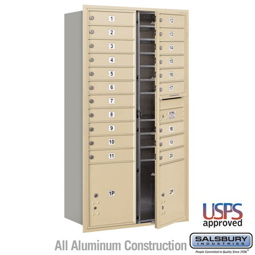 Salsbury Maximum Height Recessed Mounted 4C Horizontal Mailbox with 20 Doors and 2 Parcel Lockers in Sandstone with USPS Access - Front Loading - Sweatfully