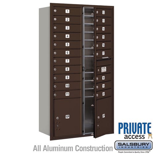 Salsbury Maximum Height Recessed Mounted 4C Horizontal Mailbox with 20 Doors and 2 Parcel Lockers in Bronze with Private Access - Front Loading - Sweatfully