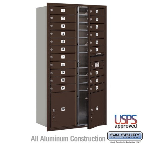 Salsbury Maximum Height Recessed Mounted 4C Horizontal Mailbox with 20 Doors and 2 Parcel Lockers in Bronze with USPS Access - Front Loading - Sweatfully