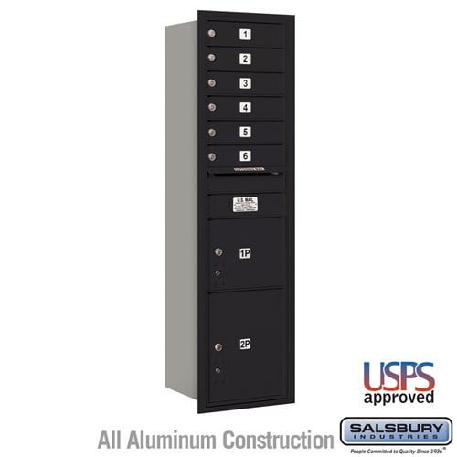 Salsbury Maximum Height Recessed Mounted 4C Horizontal Mailbox with 6 Doors and 2 Parcel Lockers in Black with USPS Access - Rear Loading - Sweatfully