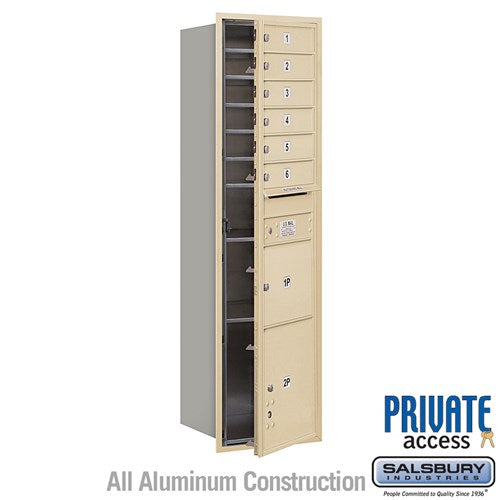 Salsbury Maximum Height Recessed Mounted 4C Horizontal Mailbox with 6 Doors and 2 Parcel Lockers in Sandstone with Private Access - Front Loading - Sweatfully