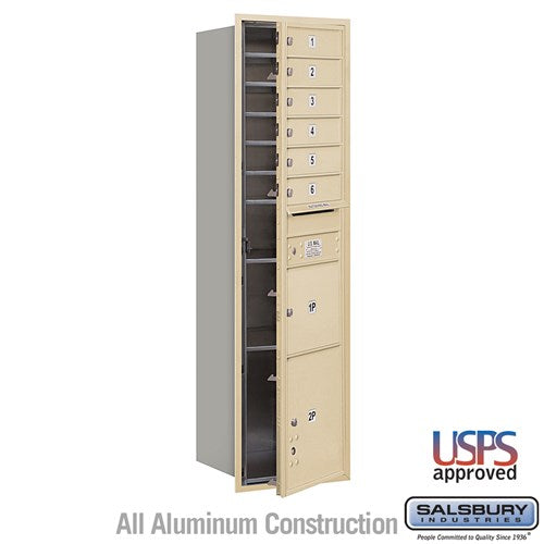 Salsbury Maximum Height Recessed Mounted 4C Horizontal Mailbox with 6 Doors and 2 Parcel Lockers in Sandstone with USPS Access - Front Loading - Sweatfully
