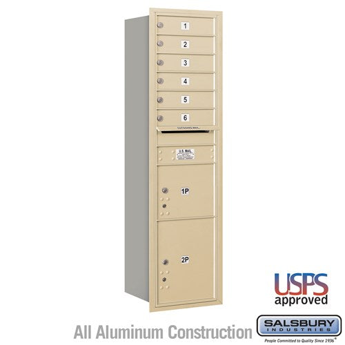 Salsbury Maximum Height Recessed Mounted 4C Horizontal Mailbox with 6 Doors and 2 Parcel Lockers in Sandstone with USPS Access - Rear Loading - Sweatfully