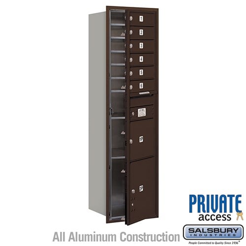 Salsbury Maximum Height Recessed Mounted 4C Horizontal Mailbox with 6 Doors and 2 Parcel Lockers in Bronze with Private Access - Front Loading - Sweatfully