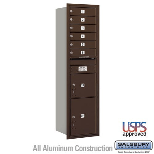 Salsbury Maximum Height Recessed Mounted 4C Horizontal Mailbox with 6 Doors and 2 Parcel Lockers in Bronze with USPS Access - Rear Loading - Sweatfully