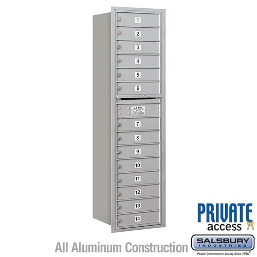 Salsbury Maximum Height Recessed Mounted 4C Horizontal Mailbox with 14 Doors in Aluminum with Private Access - Rear Loading - Sweatfully